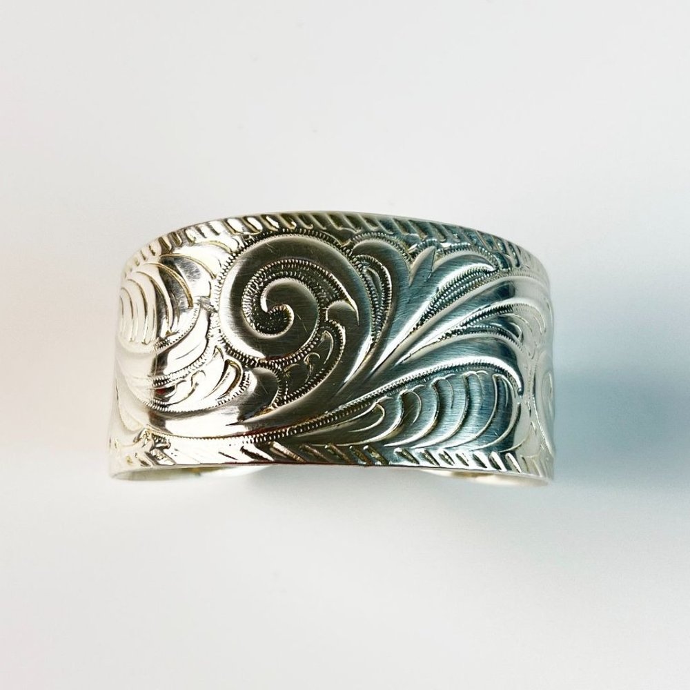 Embossed Floral Scroll Solid Sterling Silver Graduated Wide Cuff Bracelet - Picture 3 of 10